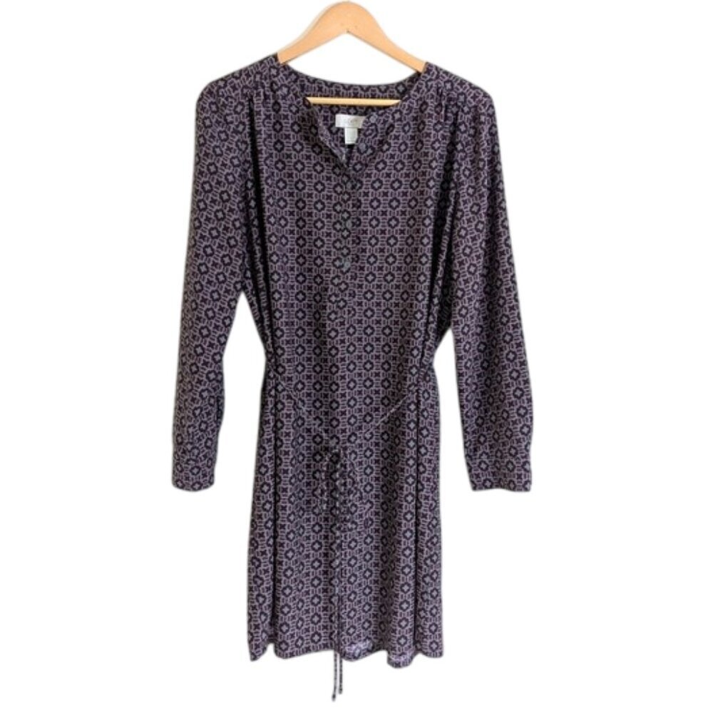 Like New LOFT Geo Print  1/4 Button Shift‎ Dress Belt Burgundy Size L